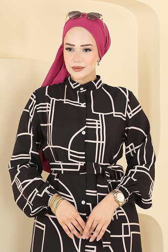 moda selvim Desenli Düğmeli Modal Elbise 155NZRK1200 Desen 3 - Thumbnail
