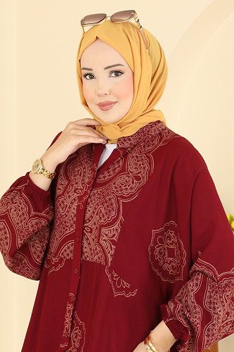 moda selvim Desenli Düğmeli Viskon Elbise 5590ZNNK1102 Bordo - Thumbnail