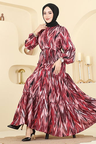 moda selvim Desenli Eteği Volanlı Elbise 4464BRZ597 Bordo - Thumbnail