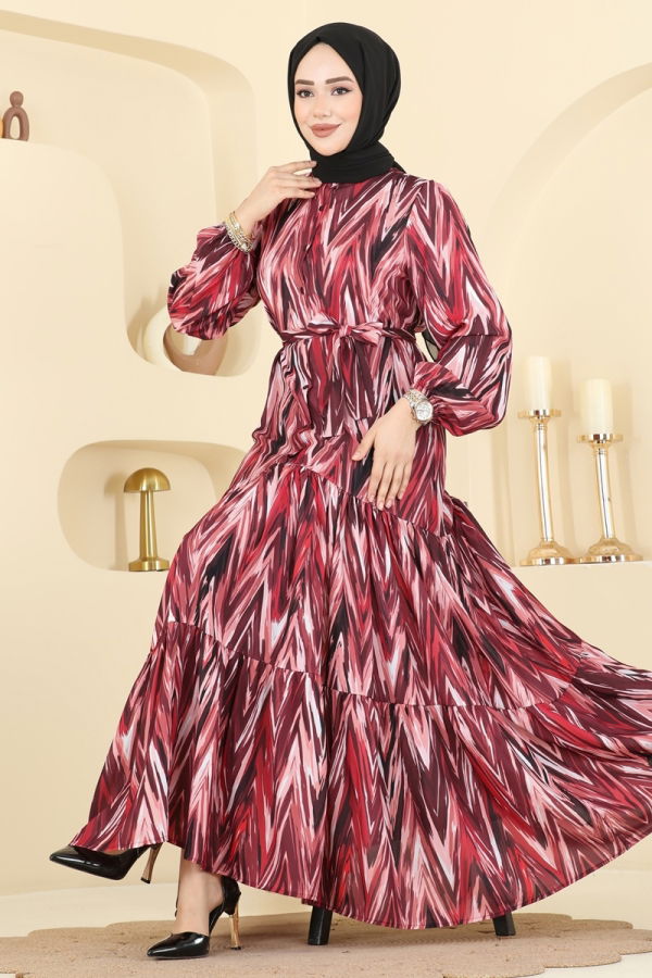 Modaselvim Elbise Desenli Eteği Volanlı Elbise 4464BRZ597 Bordo