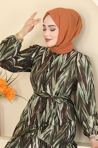 moda selvim Desenli Eteği Volanlı Elbise 4464BRZ597 Haki - Thumbnail