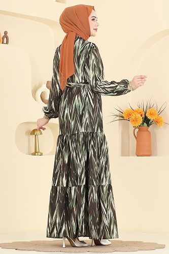 moda selvim Desenli Eteği Volanlı Elbise 4464BRZ597 Haki - Thumbnail