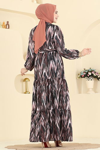 moda selvim Desenli Eteği Volanlı Elbise 4464BRZ597 Kahve - Thumbnail