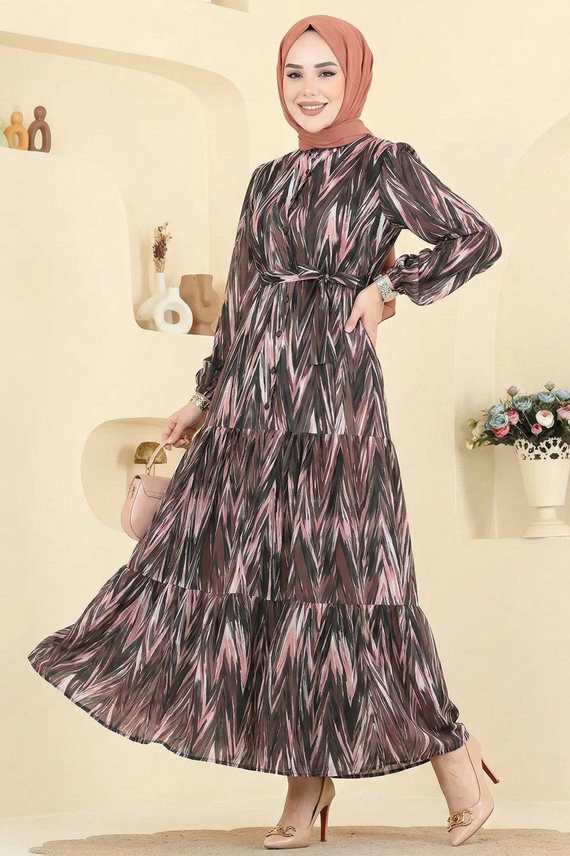 Desenli Eteği Volanlı Elbise 4464BRZ597 Kahve