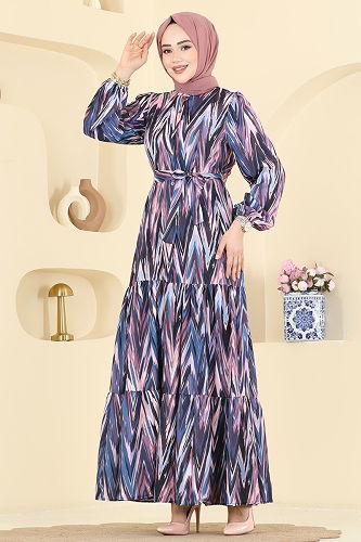 moda selvim Desenli Eteği Volanlı Elbise 4464BRZ597 Laci - Thumbnail