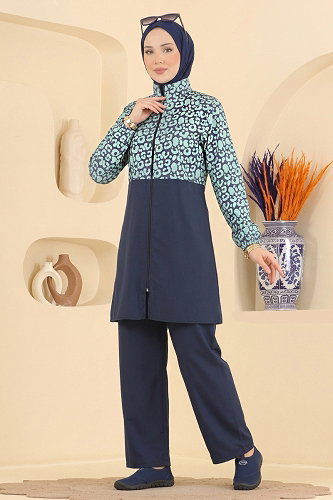 moda selvim Desenli Fermuar Detaylı Mayo 4501PRMK1210 Laci - Thumbnail