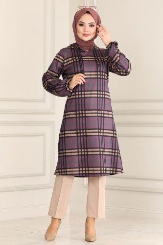 moda selvim Desenli Fitilli Tesettür Tunik 1015PM271 Lila - Thumbnail