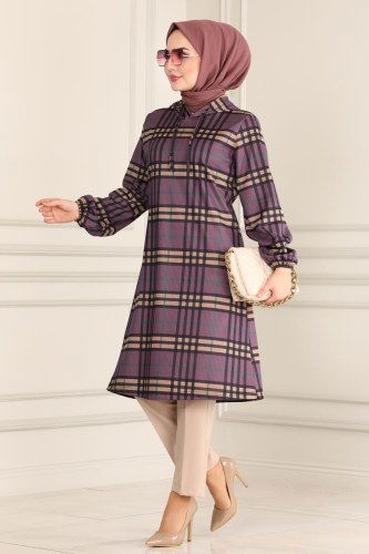 moda selvim Desenli Fitilli Tesettür Tunik 1015PM271 Lila - Thumbnail
