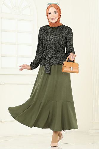 moda selvim Desenli Helen Etekli Takım 4114PM271 Desen3 Leopar&Haki - Thumbnail