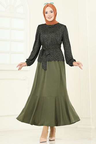 moda selvim Desenli Helen Etekli Takım 4114PM271 Desen3 Leopar&Haki - Thumbnail