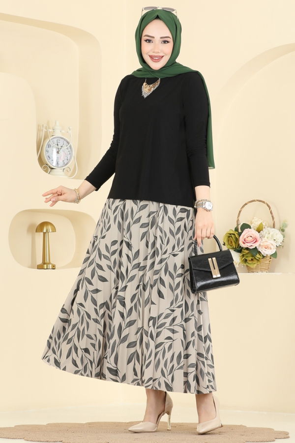 Modaselvim Kombin Desenli İkili Etek Takım 5580ZNN863 Siyah