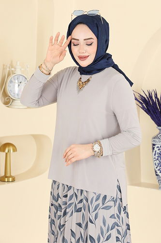 moda selvim Desenli İkili Etek Takım 5580ZNN863 Taş - Thumbnail