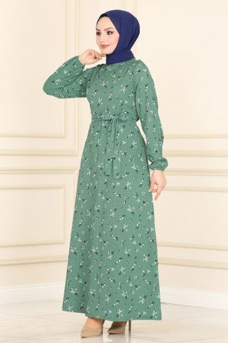 Y.N.S. - Desenli Kemerli Bürümcük Elbise 0013-1YNS793 Desen1 Mint