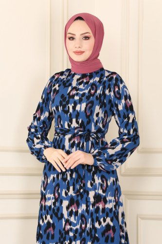 moda selvim Desenli Kemerli Bürümcük Elbise 0013-1YNS793 Desen2 İndigo - Thumbnail