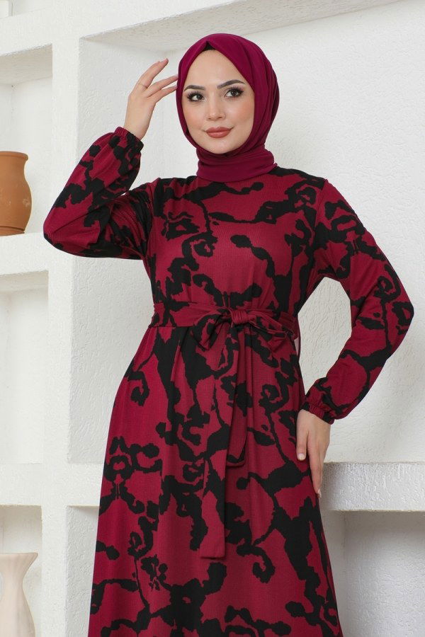 Desenli Kemerli Helen Elbise 216DVL817 Bordo - 4