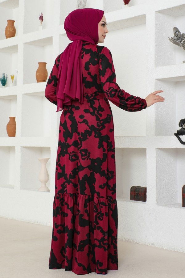 Desenli Kemerli Helen Elbise 216DVL817 Bordo - 5