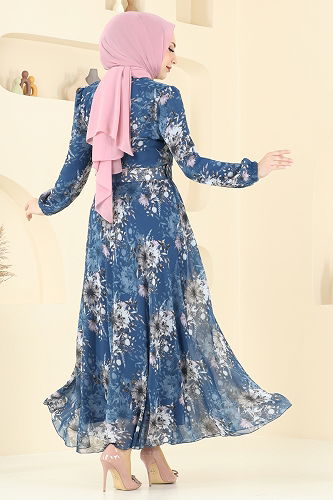 moda selvim Desenli Kemerli Şifon Elbise 5206AL357 İndigo - Thumbnail