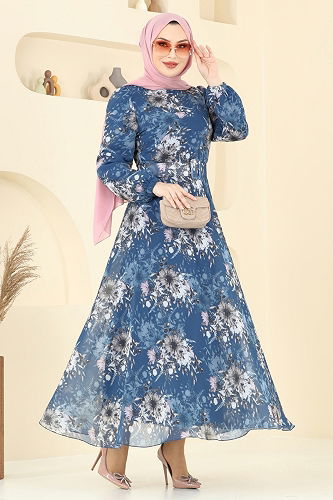 moda selvim Desenli Kemerli Şifon Elbise 5206AL357 İndigo - Thumbnail