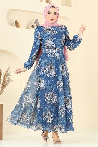moda selvim Desenli Kemerli Şifon Elbise 5206AL357 İndigo - Thumbnail