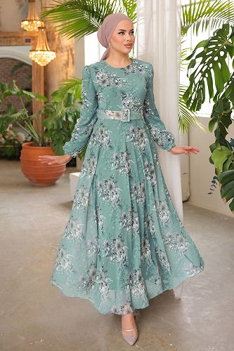 moda selvim Desenli Kemerli Şifon Elbise 5206AL357 Mint - Thumbnail