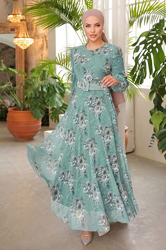 moda selvim Desenli Kemerli Şifon Elbise 5206AL357 Mint - Thumbnail