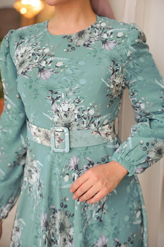 moda selvim Desenli Kemerli Şifon Elbise 5206AL357 Mint - Thumbnail