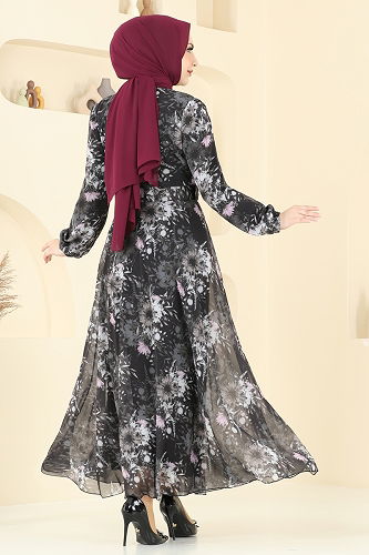 moda selvim Desenli Kemerli Şifon Elbise 5206AL357 Siyah - Thumbnail