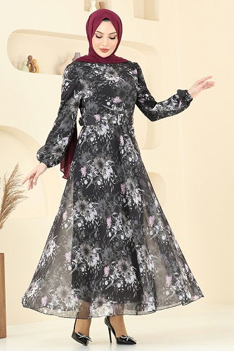moda selvim Desenli Kemerli Şifon Elbise 5206AL357 Siyah - Thumbnail