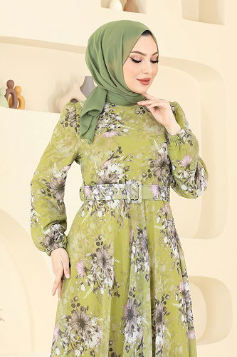 moda selvim Desenli Kemerli Şifon Elbise 5206AL357 Yağ Yeşili - Thumbnail