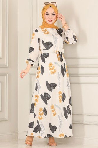 moda selvim Desenli Keten Elbise 4065-1MH427 Siyah - Thumbnail