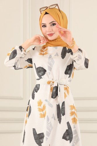 moda selvim Desenli Keten Elbise 4065-1MH427 Siyah - Thumbnail