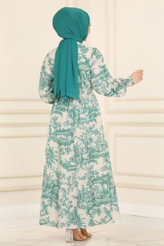 moda selvim Desenli Keten Elbise 5888BSK463 Çağla - Thumbnail