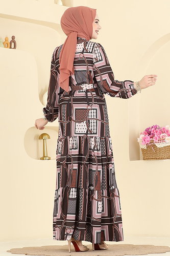 moda selvim Desenli Kuşaklı Uzun Elbise 4460BRZ597 Kahve - Thumbnail