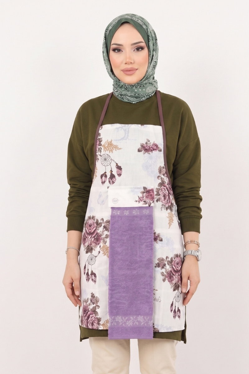 Desenli Pamuk Mutfak Önlüğü 1032HB1195 Desen 1 Lila