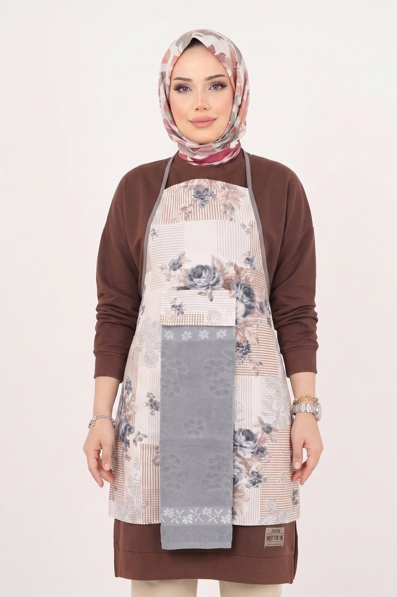 Desenli Pamuk Mutfak Önlüğü 1032HB1195 Desen 3 Gri