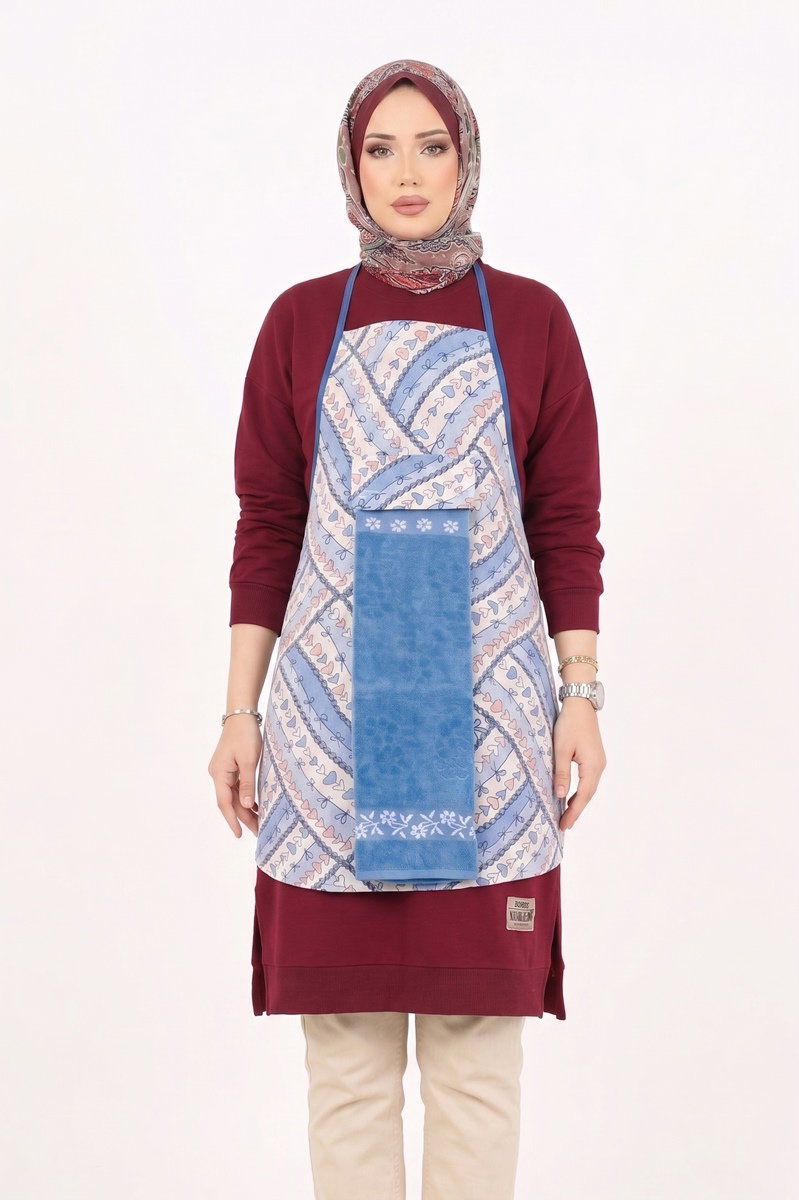 Desenli Pamuk Mutfak Önlüğü 1032HB1195 Desen 4 Mavi