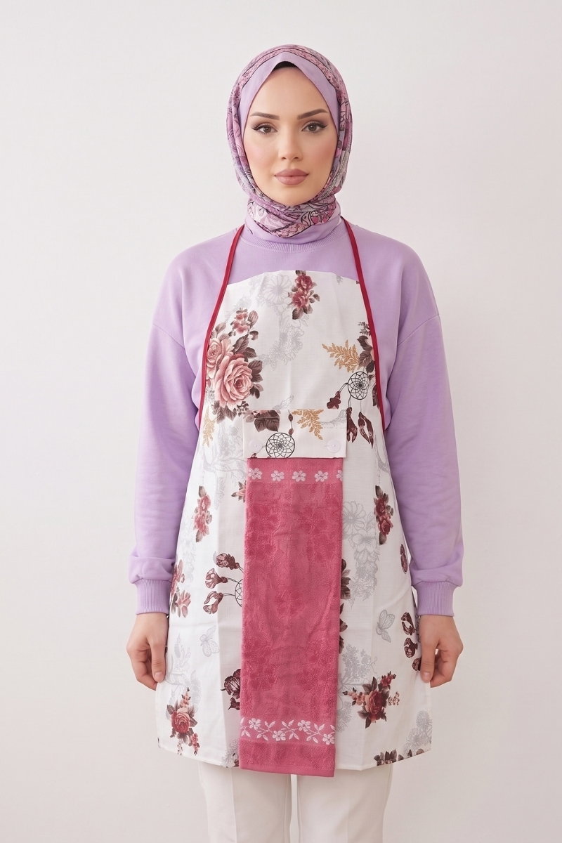 Desenli Pamuk Mutfak Önlüğü 1032HB1195 Desen1 Gül Kurusu