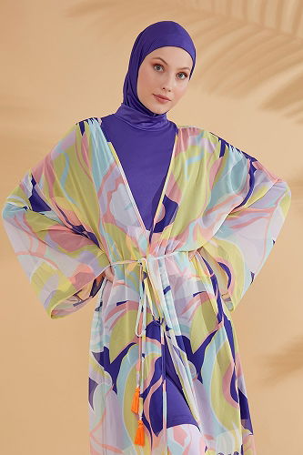 moda selvim Desenli Renkli Pareo 2332MRNK1139 Mor - Thumbnail