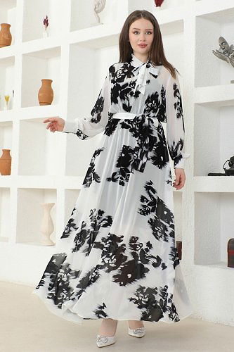 moda selvim SUAL Desenli Şifon Elbise 2413JNF844 Ekru&Siyah - Thumbnail