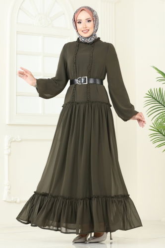 moda selvim Desenli Şifon Elbise 5307AL357 Haki - Thumbnail