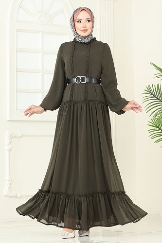 moda selvim Desenli Şifon Elbise 5307AL357 Haki - Thumbnail