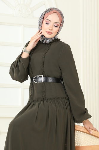 moda selvim Desenli Şifon Elbise 5307AL357 Haki - Thumbnail
