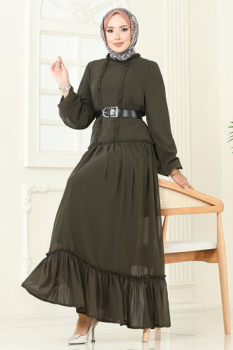 moda selvim Desenli Şifon Elbise 5307AL357 Haki - Thumbnail