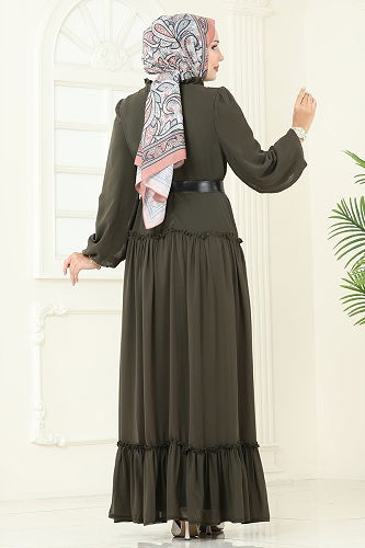 moda selvim Desenli Şifon Elbise 5307AL357 Haki - Thumbnail