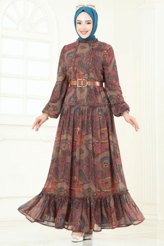 moda selvim Desenli Şifon Elbise 5307AL357 Kahve - Thumbnail