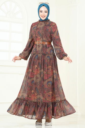 moda selvim Desenli Şifon Elbise 5307AL357 Kahve - Thumbnail