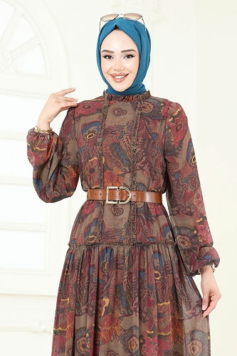 moda selvim Desenli Şifon Elbise 5307AL357 Kahve - Thumbnail