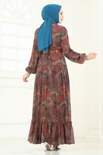 moda selvim Desenli Şifon Elbise 5307AL357 Kahve - Thumbnail