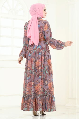 moda selvim Desenli Şifon Elbise 5307AL357 Lila - Thumbnail