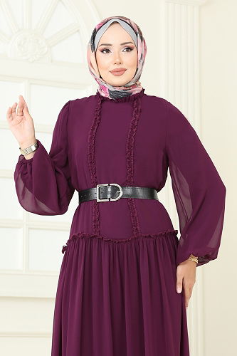 moda selvim Desenli Şifon Elbise 5307AL357 Mürdüm - Thumbnail